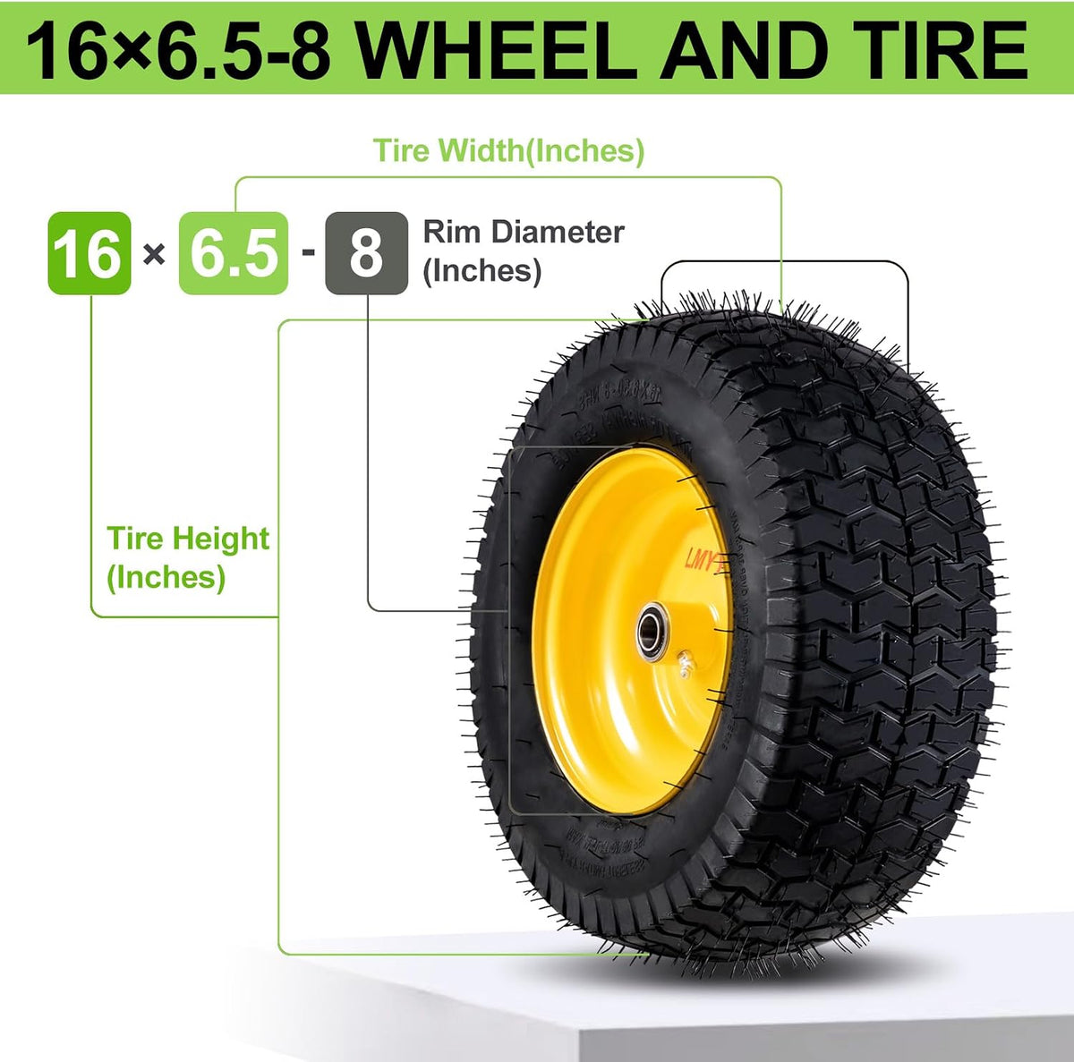 16x6.5-8 Tubeless Tire and Wheel, 2 Pcs Replacement Riding Lawn Mower Garden Tractor Front Wheel Tire with 3" Offset Hub, 3/4" Bearing & 5/8¡±Bearing