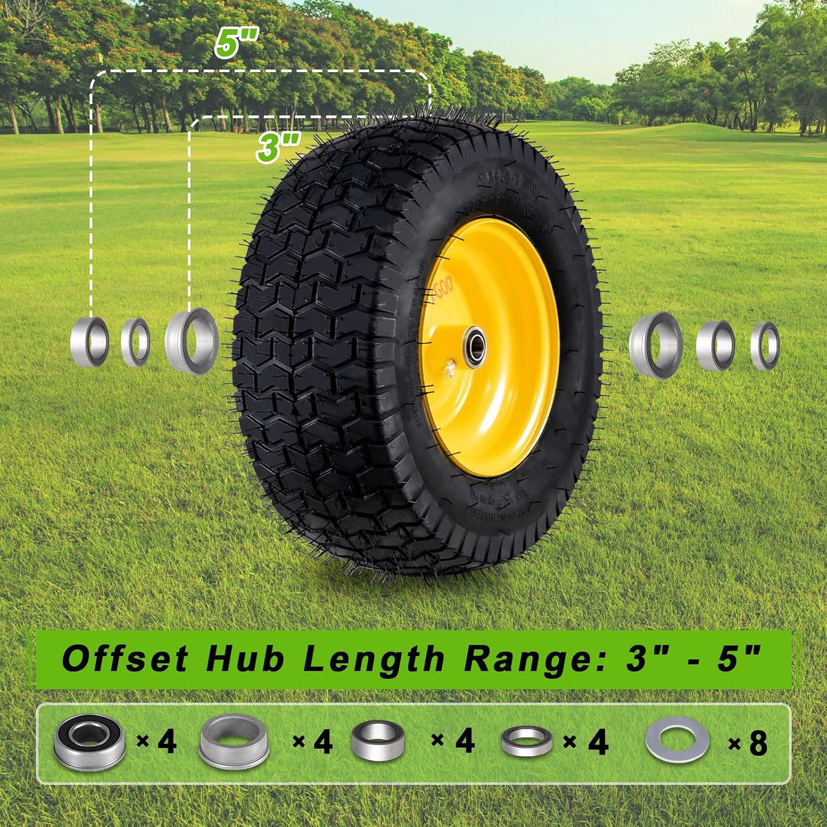 16x6.5-8 Tubeless Tire and Wheel, 2 Pcs Replacement Riding Lawn Mower Garden Tractor Front Wheel Tire with 3" Offset Hub, 3/4" Bearing & 5/8¡±Bearing