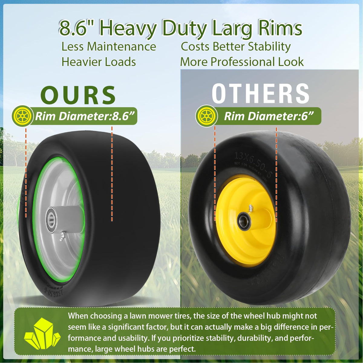 2 Pcs 13x6.50-6 Lawn Mower Tires Flat Free with 3/4" 1/2" 5/8" Bearings