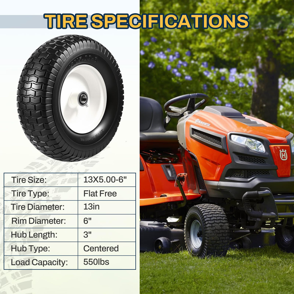 15x6.00-6 Flat Free Lawn Mower Tire and Wheel, 15x6-6 Front Tire Assembly